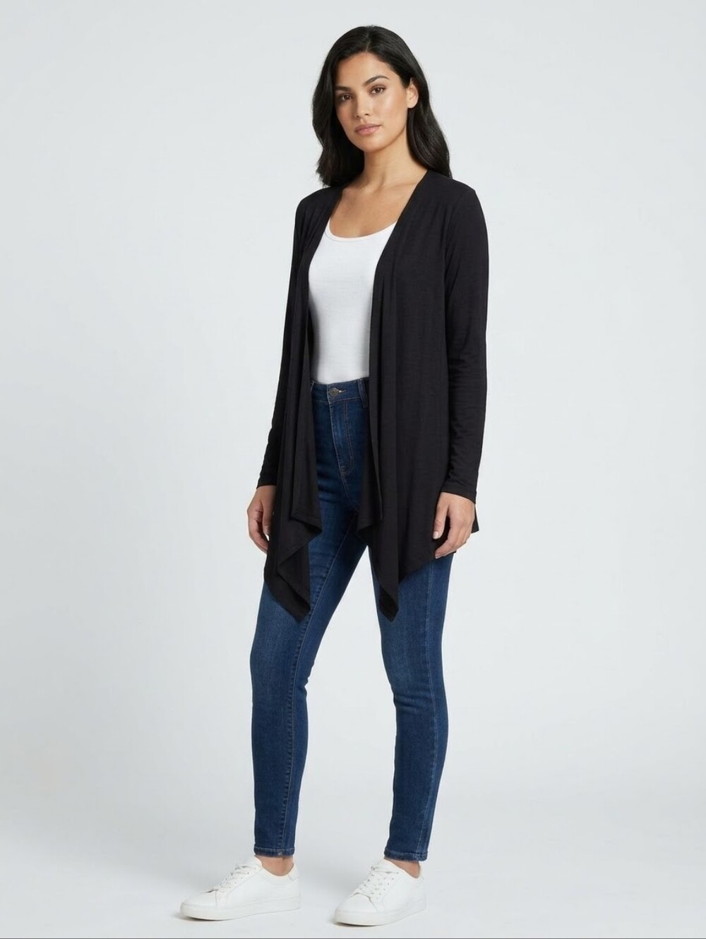 Liz Lange Black Open Front Waterfall Cardigan XS Rayon Stretch Drape Layer